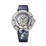 Serpenti Incantati Tourbillon watch with manufacture mechanical skeletonized movement, manual winding, 18 kt white gold case set with brilliant cut diamonds and a tanzanite, transparent dial and blue alligator bracelet. 102723 image 1