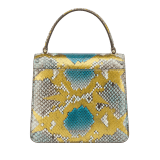 “Serpenti Forever ” top handle bag in multicolor "Chimera" python skin with Lavander Amethyst lilac nappa leather internal lining. Tempting snakehead closure in gold plated brass enriched with black and Lavander lilac enamel, and black onyx eyes 1122-Pa image 3
