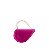 Serpenti Cuoricino mini top handle bag in magenta satin with magenta nappa leather lining. Captivating snake body-shaped top handle in light gold-plated brass embellished with engraved scales; press-button closure. SRN-001-1366XS image 4