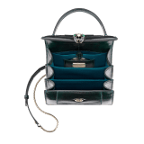 “Serpenti Forever ” top handle bag in Forest Emerald green shiny karung skin with Zircon bay blue gros grain internal lining. Iconic snakehead closure in light gold plated brass enriched with black and white agate enamel and green malachite eyes 1122-SK image 3