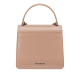 "Serpenti Forever" small maxi chain top handle bag in peach nappa leather, with Lavander Amethyst lilac nappa leather internal lining. New Serpenti head closure in gold plated brass, finished with small pink mother-of-pearl scales in the middle and red enamel eyes. 1133-MCNb image 3