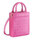 Bulgari Logo mini tote bag in black calf leather with hot-stamped Infinitum pattern and teal topaz green grosgrain lining. Light gold-plated brass hardware. BVL-1228S-ICLa image 2