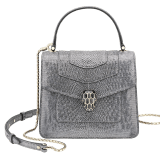 Serpenti Forever crossbody bag in charcoal diamond metallic karung skin. Snakehead closure in light gold plated brass decorated with glitter charcoal diamond and shiny black enamel, and black onyx eyes. 752-MK image 1