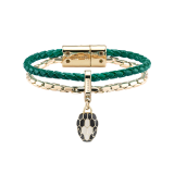 Serpenti Forever bracelet in emerald green braided calf leather and light gold-plated brass chain with magnetic clasp closure. Captivating snakehead charm with black and white agate enamel scales and black enamel eyes. SerpBraidChain-WCL-EG image 1