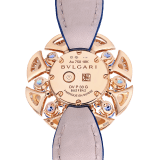 DIVAS' DREAM watch with 18 kt rose gold case set with round brilliant-cut diamonds, topazes and tanzanites, white mother-of-pearl dial and blue alligator bracelet. Water resistant up to 30 metres 103752 image 3