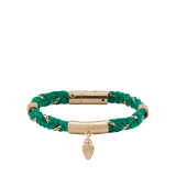 Serpenti Forever multibraided bracelet in vivid emerald green coiled torchon and light-gold plated brass chain. Captivating snakehead charm in light gold-plated brass embellished with red enamel eyes, and press-button closure. SERPMULTIBRAID-WC-VE image 1