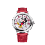 Gerald Genta Arena bi-retrograde watch with Disney’s Mickey Mouse playing football, mechanical manufacture movement with automatic bi-directional winding, jumping hours and retrograde minutes, 42 hours of power reserve, 41 mm polished stainless steel case, transparent case back, mother-of-pearl dial with lacquered Mickey Mouse arm hand and textured red rubber bracelet. Water-resistant up to 100 metres. Limited edition of 200 pieces. 103786 image 1