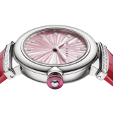 LVCEA Lady Watch , 28 mm stainless steel case and crown with a synthetic cabochon-cut rubellite, and 1 round diamond. Pink mother-of-pearls dial intarsio marquetery with 12 round brilliant cut diamonds indexes. Quartz movement, B043 caliber customized and decorated with Bulgari logo hours minutes functions. Pink alligator strap with stitches links to the case set with diamonds and steel ardillon buckle. Water proof 50 m. 103619 image 2