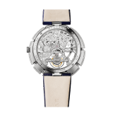 Serpenti Incantati Tourbillon watch with manufacture mechanical skeletonized movement, manual winding, 18 kt white gold case set with brilliant cut diamonds and a tanzanite, transparent dial and blue alligator bracelet. 102723 image 4