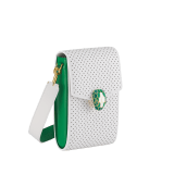 Casablanca x Bulgari small vertical pochette in white Tennis Groundstroke perforated calf leather with smooth tennis green calf leather on the sides and tennis green nappa leather lining. Captivating snakehead closure in gold-plated brass embellished with dégradé green and bright white enamel scales, and green malachite eyes. 292333 image 1