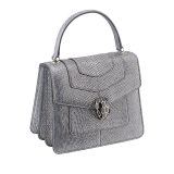 Serpenti Forever crossbody bag in charcoal diamond metallic karung skin. Snakehead closure in light gold plated brass decorated with glitter charcoal diamond and shiny black enamel, and black onyx eyes. 752-MK image 2