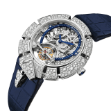 Serpenti Incantati Limited Edition watch with mechanical manufacture skeletonized movement, tourbillon and manual winding. 18 kt white gold case set with brilliant cut diamonds, transparent dial and blue alligator bracelet. 102541 image 2