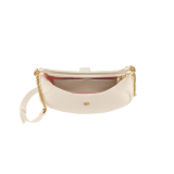 Serpenti Ellipse medium shoulder bag in Urban grain and smooth ivory opal calf leather with flamingo quartz pink gros grain lining. Captivating snakehead closure in gold-plated brass embellished with black onyx scales and red enamel eyes. 1190-UCL image 9