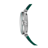 LVCEA Skeleton watch with mechanical movement, automatic winding, 18 kt white gold case set with baguette-cut emeralds, 18 kt white gold openwork BVLGARI logo dial set with brilliant-cut diamonds, green alligator bracelet and 18 kt white gold links set with brilliant-cut diamonds 103033 image 3