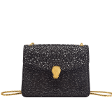 Serpenti Forever small crossbody bag in natural suede with different-size gold crystals and black nappa leather lining. Captivating magnetic snakehead closure in gold-plated brass embellished with "diamantatura" engraving on the scales, and black onyx eyes. 422-CLf image 1