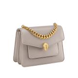 Serpenti Forever Maxi Chain small crossbody bag in foggy opal gray Metropolitan calf leather with linen agate beige nappa leather lining. Captivating snakehead magnetic closure in gold-plated brass embellished with gray agate scales and red enamel eyes. 1134-MCMC image 2