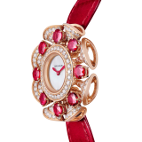 DIVAS' DREAM High Jewellery watch with 18 kt rose gold case set with round brilliant-cut diamonds (F-G VVS, ~2 ct) and 8 brilliant-cut rubies (~3.6 ct), mother-of-pearl dial and red alligator bracelet. Water-resistant up to 30 metres. 103754 image 3