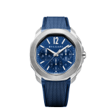 Octo Roma Chronograph watch with mechanical manufacture movement, automatic winding and chronograph functions, satin-brushed and polished stainless steel case and interchangeable bracelet, blue Clous de Paris dial. Water-resistant up to 100 meters. 103829 image 6