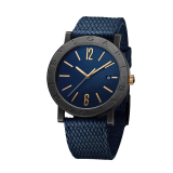 BVLGARI BVLGARI watch with mechanical manufacture movement, automatic winding and date, stainless steel case treated with Diamond Like Carbon and logo engraving on the bezel, blue dial and a blue rubber bracelet. 103133 image 1