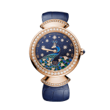 DIVAS' DREAM watch with mechanical manufacture movement, automatic winding, jumping hours and retrograde minutes (180°). 18 kt rose gold case, 18 kt rose gold bezel and fan-shaped links both set with brilliant-cut diamonds, aventurine dial with miniature painted peacock, stars and indexes in brilliant-cut diamonds, blue alligator strap 103114 image 1