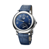 Gerald Genta 50th Anniversary Arena Bi-retro Men watch with mechanical manufacture movement, Bi-retro BVL 300 caliber with bidirectional automatic winding, jumping hours, retrograde minutes (210°) and date (180°), and 42 hours of power reserve. 41 mm platinum case, blue lacquered dial, blue alligator strap and platinum folding clasp. 103191 image 1