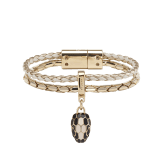 Serpenti Forever bracelet in white agate braided calf leather and light gold-plated brass snake-inspired chain with magnetic clasp closure. Captivating snakehead charm with black and white agate enamel scales and black enamel eyes. SERP-BRAIDCHAIN-WCL-WA image 1