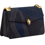 Serpenti Forever large shoulder bag in blue Patch Denim with emerald green nappa leather lining. Captivating snakehead magnetic closure in gold-plated brass embellished with black enamel and gold-plated brass scales, and black onyx eyes. 293464 image 2