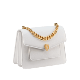 Serpenti Forever Maxi Chain small crossbody bag in flash diamond white grained calf leather with foggy opal grey nappa leather lining. Captivating snakehead magnetic closure in gold-plated brass embellished with white mother-of-pearl scales and red enamel eyes. 1134-MCGC image 2