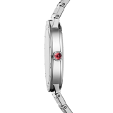 BVLGARI BVLGARI LADY watch, quartz movement 33 mm stainless steel case and bezel engraved with double logo. silvered sunray dial with applied indexes, stainless steel crown set with a natural cab cut rubellite. Stainless steel bracelet. Water proof 30 m. Quartz movement, B043 caliber customized and decorated with Bulgari Logo. Hours, minutes functions. Water proof 30 m. 103575 image 3