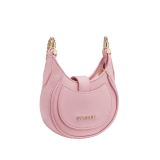 Serpenti Ellipse micro bag in soft, drummed, flash diamond white calf leather with taffy quartz pink grosgrain lining. Captivating snakehead closure in gold-plated brass embellished with mother-of-pearl scales and red enamel eyes, leather tab with magnet, and zippered fastening. SEA-MICROHOBOc image 3
