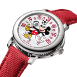 Gerald Genta Arena bi-retrograde watch with Disney’s Mickey Mouse playing football, mechanical manufacture movement with automatic bi-directional winding, jumping hours and retrograde minutes, 42 hours of power reserve, 41 mm polished stainless steel case, transparent case back, mother-of-pearl dial with lacquered Mickey Mouse arm hand and textured red rubber bracelet. Water-resistant up to 100 meters. Limited edition of 200 pieces. 103786 image 2