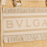 Bulgari Logo medium tote bag in beige raffia with ivory opal calf leather details, beige raffia fringes and beetroot spinel fuchsia nappa leather lining. Iconic Bulgari logo stitched motif, detachable satin satchel with multicolored print outside and beetroot spinel fuchsia inside, and drawstring closure with captivating snakeheads in light gold-plated brass. 292073 image 5