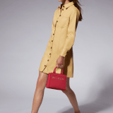 Bulgari Logo small tote bag in amaranth garnet red smooth and grained calf leather with flamingo quartz pink grosgrain lining. Iconic Bulgari logo decorative chain in light gold-plated brass. BVL-1202 image 7
