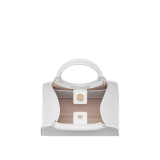 Bvlgari Roma mini top handle bag in flash diamond white Metropolitan calf leather with milky opal nappa leather lining. Iconic metal detail in palladium-plated brass engraved with the Bvlgari logo, and magnetic press-button closure. BVR-001-1310XS-CALF image 3