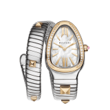 Serpenti Tubogas Studs Capsule single-spiral watch in stainless steel with 18 kt yellow gold diamond-set bezel, 18 kt yellow gold studs on the bracelet, and mother-of-pearl dial. Water-resistant up to 30 metres. Serpenti-Tubogas-Studs-Capsule image 1