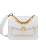 Serpenti Forever Maxi Chain small crossbody bag in flash diamond white grained calf leather with foggy opal gray nappa leather lining. Captivating snakehead magnetic closure in gold-plated brass embellished with white mother-of-pearl scales and red enamel eyes. 1134-MCGC image 1
