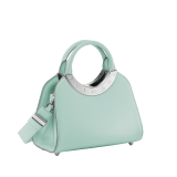 Bulgari Roma small top handle bag in vivid emerald green Metropolitan calf leather with vivid emerald green nappa leather lining. Iconic metal detail in antique gold-plated brass with vivid emerald green lacquering and BULGARI logo engraving; press button closure. BVR-1270-CL2 image 2