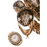 Serpenti Misteriosi High Jewellery secret watch with mechanical manufacture micro-movement with manual winding, 40 mm black lacquered 18 kt rose gold case and bracelet set with two pear-cut diamonds and mother-of-pearl dial. 103559 image 4