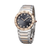 BVLGARI BVLGARI LADY watch with stainless steel case, 18 kt rose gold bezel engraved with double logo, grey lacquered dial, diamond indexes, and stainless steel and 18 kt rose gold bracelet. 103067 image 2