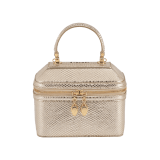 Serpenti Forever jewelry box bag in light gold Molten karung skin with black nappa leather lining. Captivating snakehead zip pullers and chain strap decors in light gold-plated brass. 1177-MoltK image 1