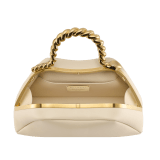 Geraldine Guyot x Bvlgari Serpentine small top handle bag in chestnut opal nubuck leather with chestnut opal nappa leather lining. Reimagined snake body-shaped top handle in gold-plated brass with press-button closure. SRN-001-1268S-GG image 3