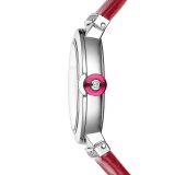 LVCEA Lady Watch , 28 mm stainless steel case and crown with a synthetic cabochon-cut rubellite, and 1 round diamond. Pink mother-of-pearls dial intarsio marquetery with 12 round brilliant cut diamonds indexes. Quartz movement, B043 caliber customized and decorated with Bulgari logo hours minutes functions. Pink alligator strap with stitches links to the case set with diamonds and steel ardillon buckle. Water proof 50 m. 103619 image 4