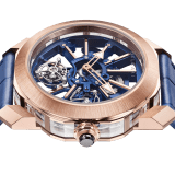 Octo Roma Tourbillon Sapphire watch with mechanical manufacture skeletonised movement with manual winding and flying tourbillon, 44 mm 18 kt rose gold case, sapphire middle case, blue calibre decorated with 18 kt rose gold indexes on the bridges and blue alligator strap. Water-resistant up to 50 metres. 103699 image 4