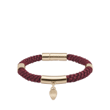 Serpenti Forever bracelet in anemone spinel pinkish red woven fabric. Captivating snakehead charm in light gold-plated brass embellished with red enamel eyes, and press-button closure. SERPMULTISTRING-WF-AS image 1