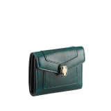 Serpenti Forever compact wallet in shiny midnight plum karung with black nappa leather interior. Captivating snakehead press-button closure in palladium-plated brass embellished with midnight plum enamel and palladium-plated brass scales and black enamel eyes. SEA-SLIM-COMPACT-R-kar image 1