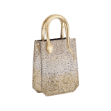 Serpentine mini tote bag in natural suede with different-size degradé gold crystals and black nappa leather lining. Captivating snake body-shaped handles in gold-plated brass embellished with engraved scales and red enamel eyes. SRN-1223-CDS image 2