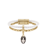Serpenti Forever bracelet in flash diamond white braided calf leather, with light gold-plated brass chain and magnetic clasp. Captivating snakehead charm with black and white agate enamel scales and black enamel eyes. SERP-BRAIDCHAIN-WCL-FD image 1