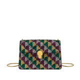 Mini borsa a tracolla Serpenti Forever con motivo Calla realizzato con cristalli oro e argento applicati su pelle scamosciata beige travertino e fodera in nappa agata beige. Accattivante chiusura magnetica Serpenti in ottone placcato oro chiaro con squame diamantate e occhi in onice nera. SEA-002-0986XS-CALLA image 1