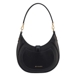 Serpenti Ellipse medium shoulder bag in Urban grain and smooth Niagara sapphire blue calf leather with cloud topaz blue grosgrain lining. Captivating snakehead closure in gold-plated brass embellished with black onyx scales and red enamel eyes. 1190-UCL image 6
