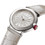 LVCEA watch with stainless steel case, white mother-of-pearl Intarsio marquetry dial, diamond indexes, stainless steel links set with diamonds and gray alligator bracelet and steel ardillon buckle. 103367 image 2